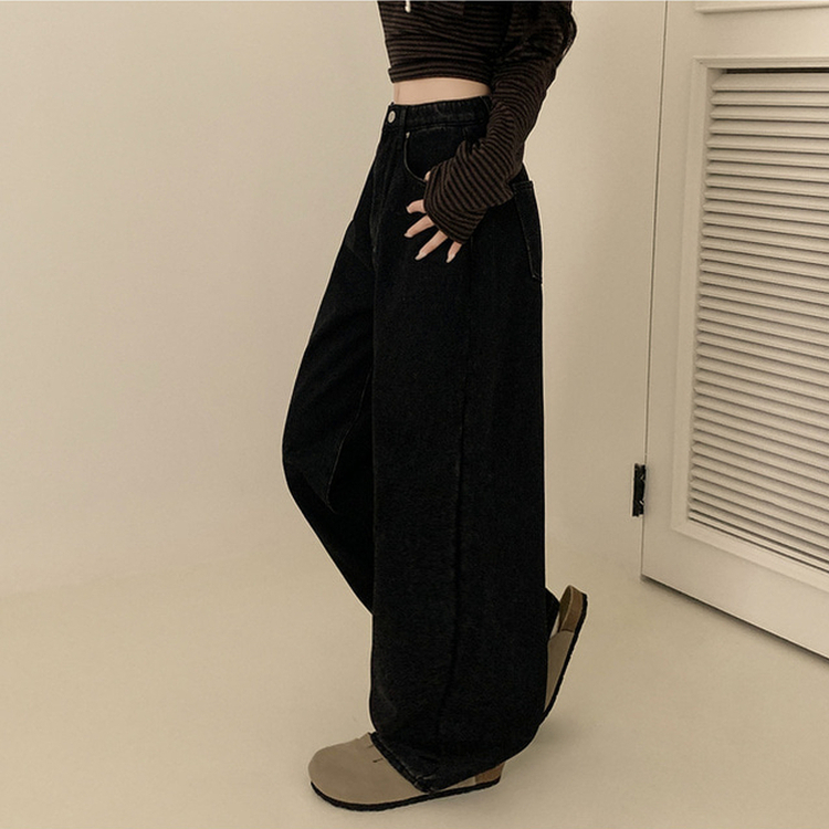 【丈別】【起毛】イウエストセミワイドデニムパンツ BLACK