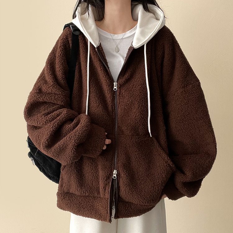 フードバイカラーウールフードジップアップ BROWN