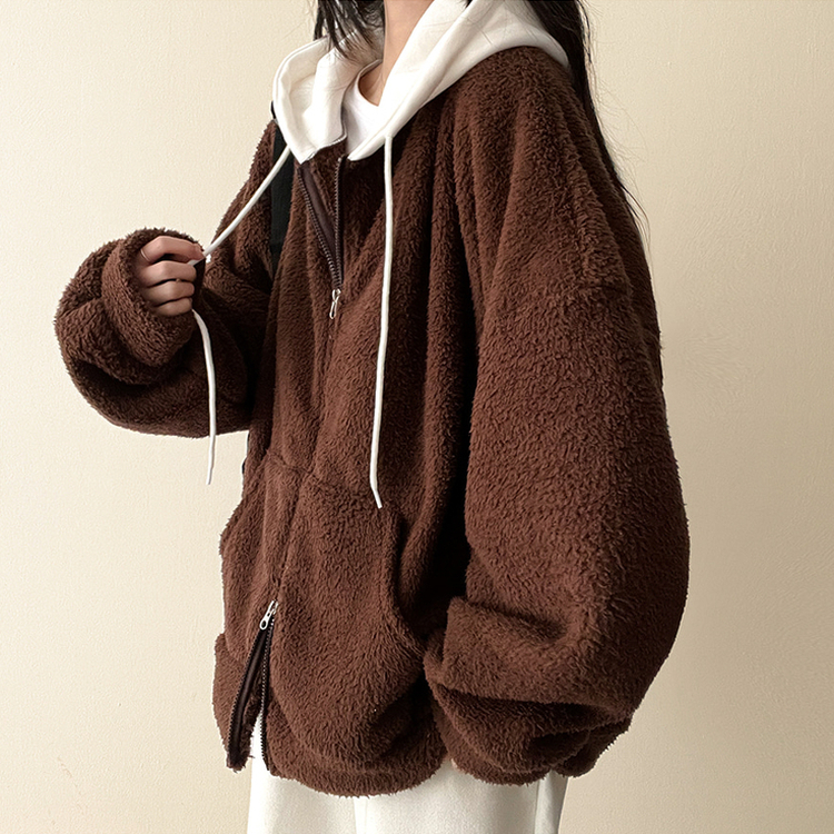 フードバイカラーウールフードジップアップ BROWN