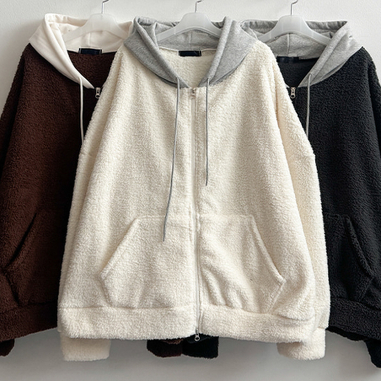 フードバイカラーウールフードジップアップ