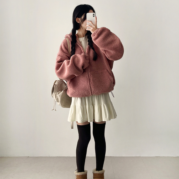 ボアウールフードジップアップ(6color) PINK