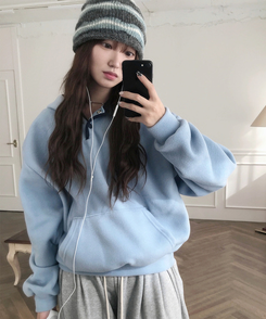 ハーフオープンボタンスフリースフード SKY BLUE