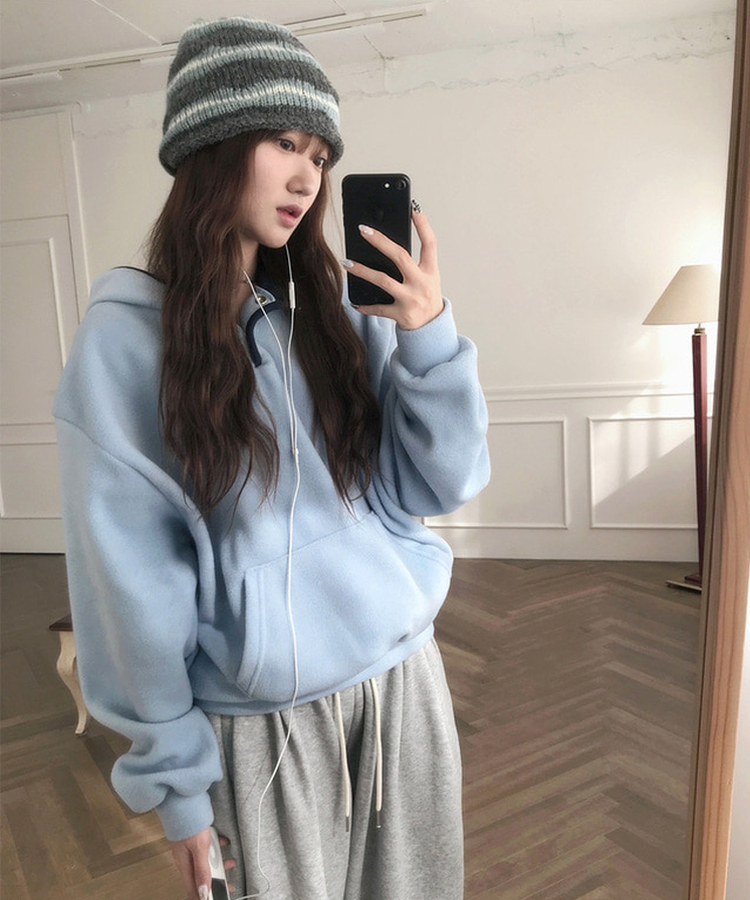 ハーフオープンボタンスフリースフード SKY BLUE