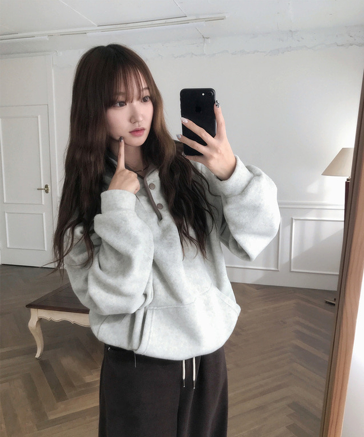 ハーフオープンボタンスフリースフード OATMEAL