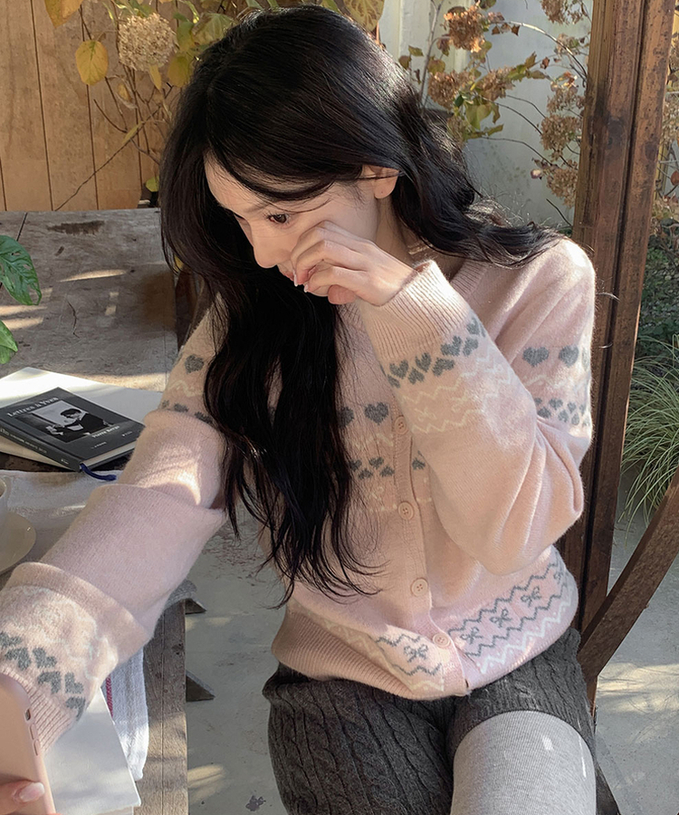 ウールノルディックラウンドニットカーディガン PINK