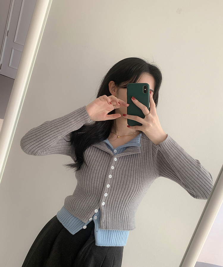 트윈 블렌드 니트 슬림핏 가디건 그레이