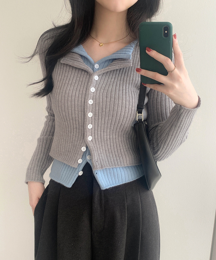 트윈 블렌드 니트 슬림핏 가디건 그레이