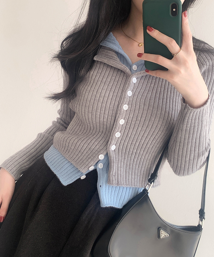 트윈 블렌드 니트 슬림핏 가디건 그레이