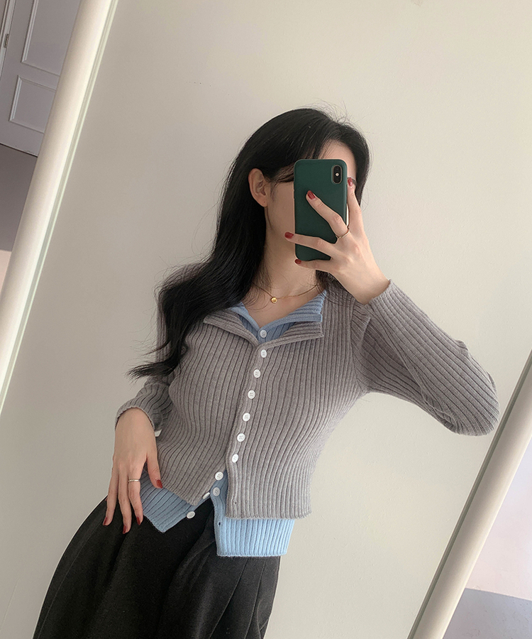 트윈 블렌드 니트 슬림핏 가디건 그레이