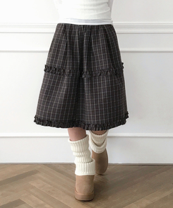 フリルビンテージチェックミディスカート BROWN