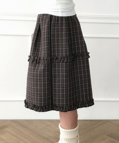 フリルビンテージチェックミディスカート BROWN