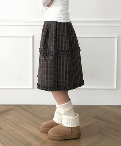 フリルビンテージチェックミディスカート BROWN