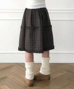 フリルビンテージチェックミディスカート BROWN