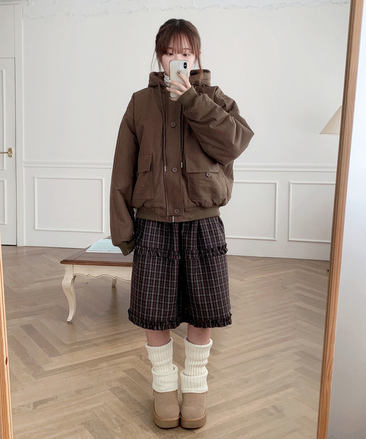 フリルビンテージチェックミディスカート BROWN