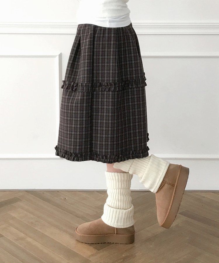 フリルビンテージチェックミディスカート BROWN