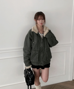 ウォッシングハイネックウールファージャケット KHAKI