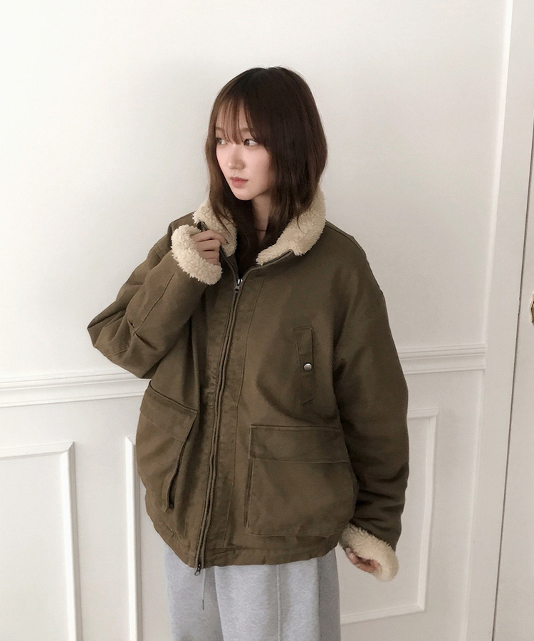 ウォッシングハイネックウールファージャケット BEIGE