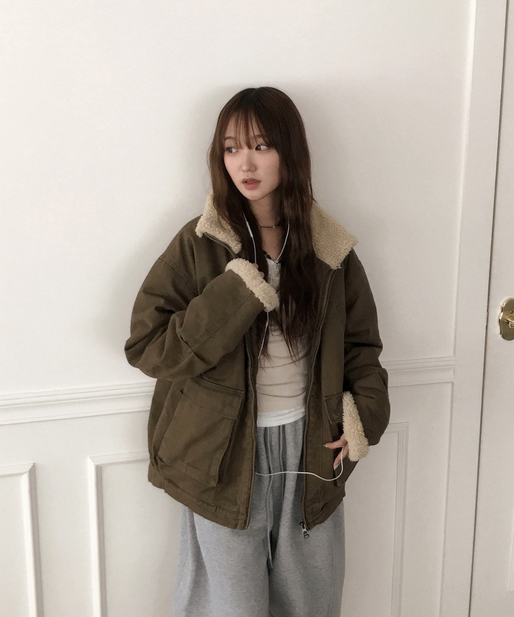 ウォッシングハイネックウールファージャケット BEIGE