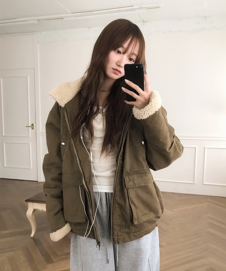 ウォッシングハイネックウールファージャケット BEIGE