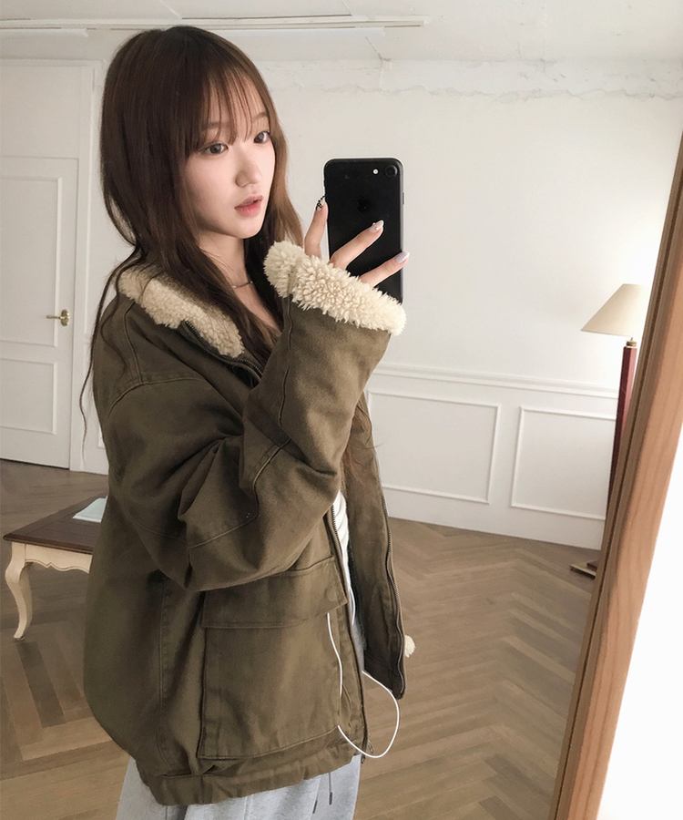 ウォッシングハイネックウールファージャケット BEIGE