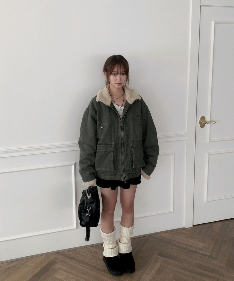 ウォッシングハイネックウールファージャケット KHAKI