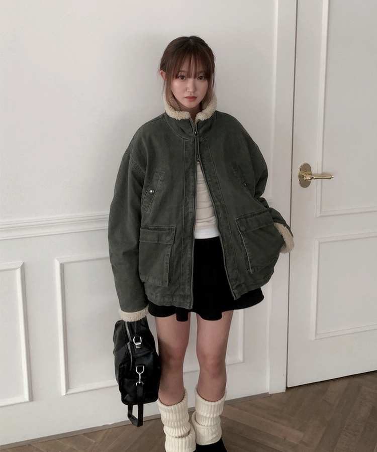 ウォッシングハイネックウールファージャケット KHAKI