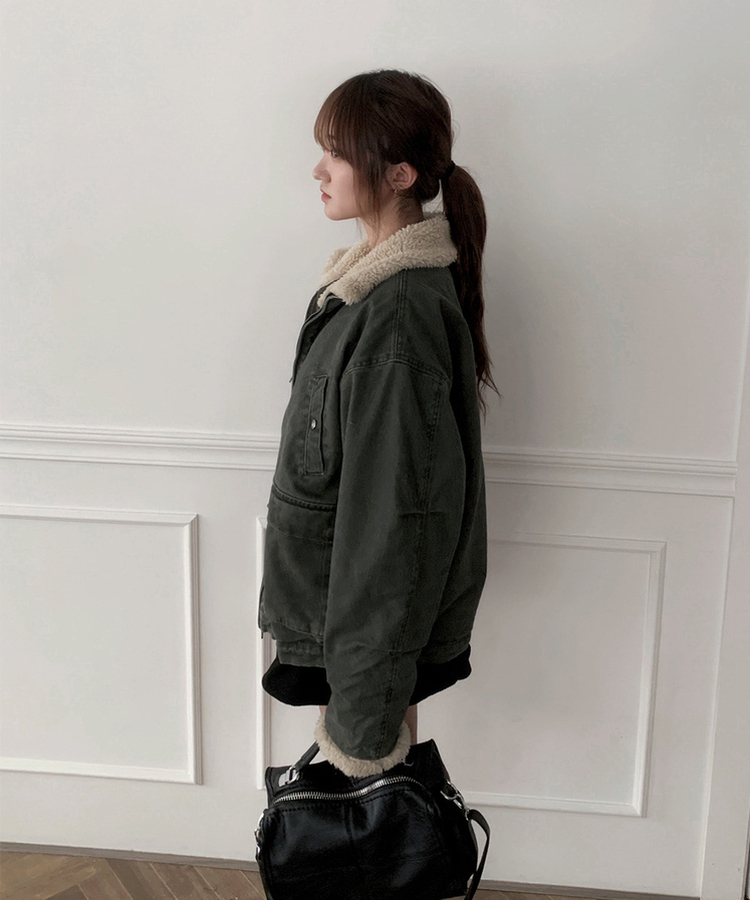 ウォッシングハイネックウールファージャケット KHAKI