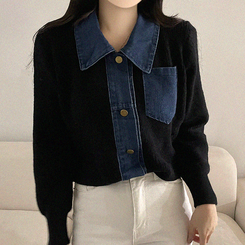 デニムポケットニットカーディガン(5color) BLACK