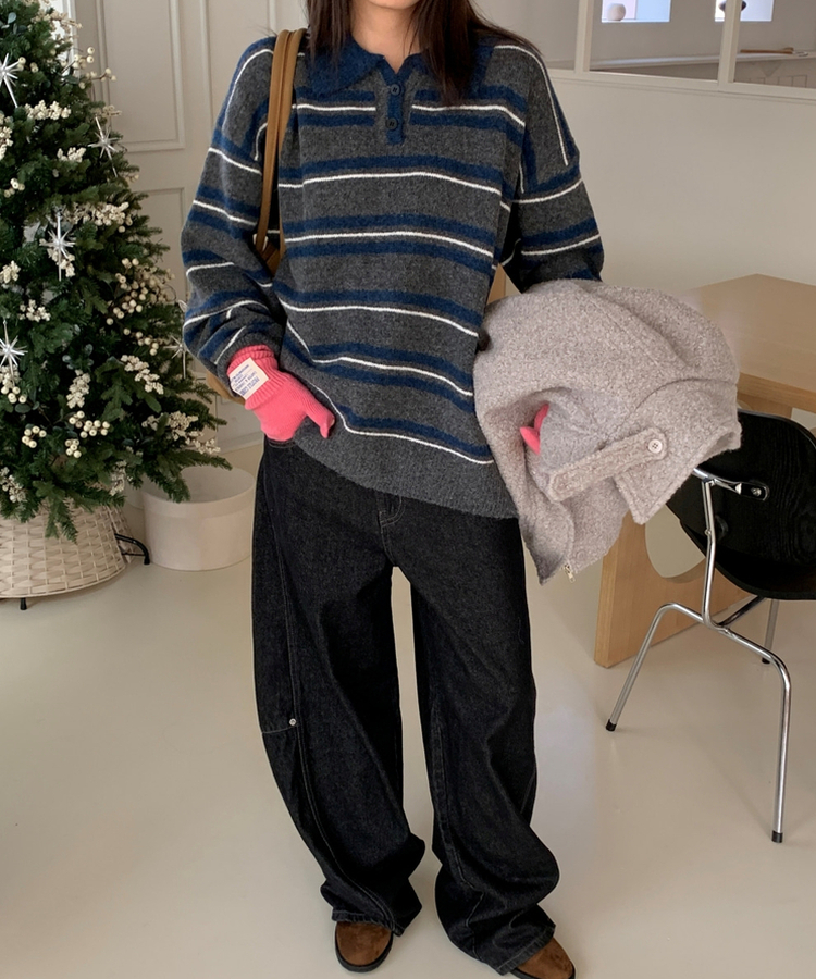 ストライプバイカラーニット NAVY