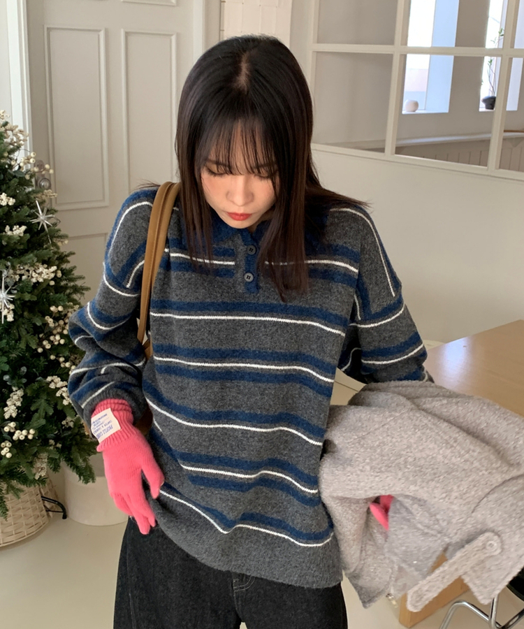 ストライプバイカラーニット NAVY