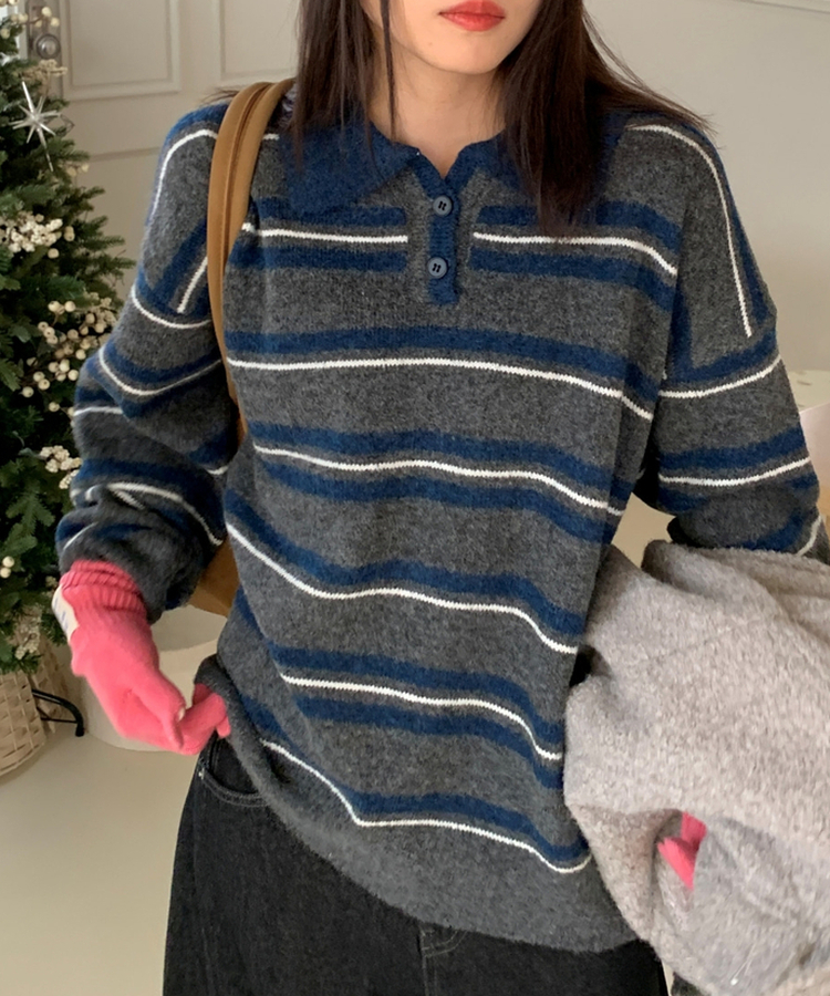 ストライプバイカラーニット NAVY
