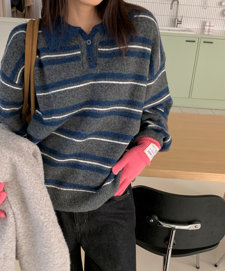 ストライプバイカラーニット NAVY