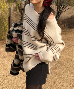 ワンオフオーバーフィットストライプニット BEIGE