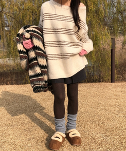 ワンオフオーバーフィットストライプニット BEIGE