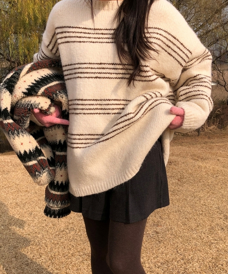 ワンオフオーバーフィットストライプニット BEIGE