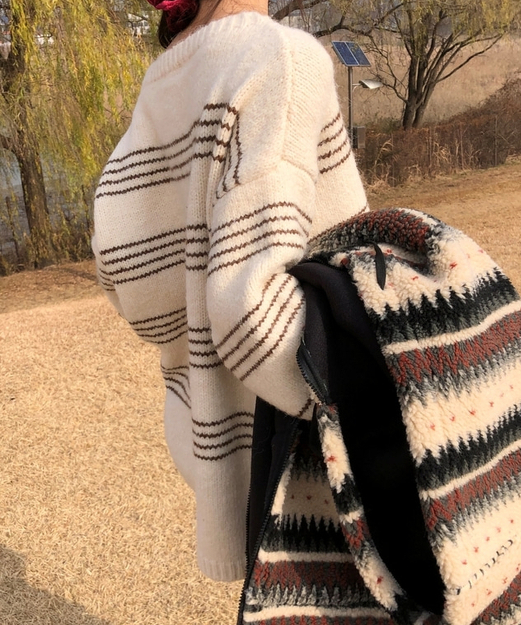 ワンオフオーバーフィットストライプニット BEIGE