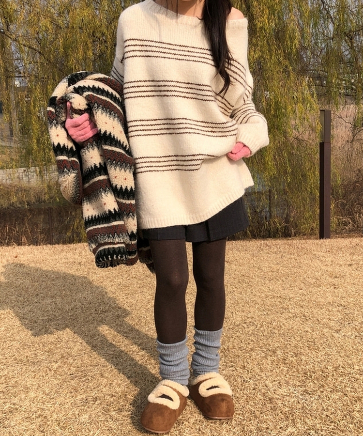 ワンオフオーバーフィットストライプニット BEIGE