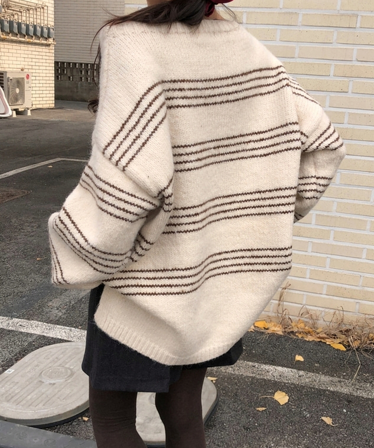 ワンオフオーバーフィットストライプニット BEIGE