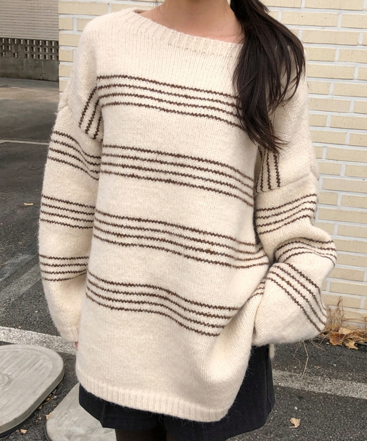 ワンオフオーバーフィットストライプニット BEIGE