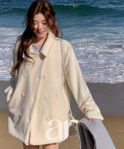 （ふわっと暖か♥／ブークレ素材／やわらかな着心地）ブークレダブルハーフコート IVORY