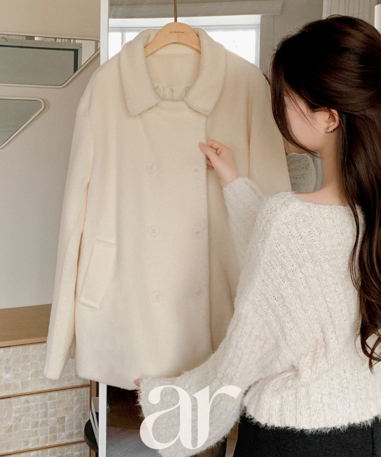 （ふわっと暖か♥／ブークレ素材／やわらかな着心地）ブークレダブルハーフコート IVORY