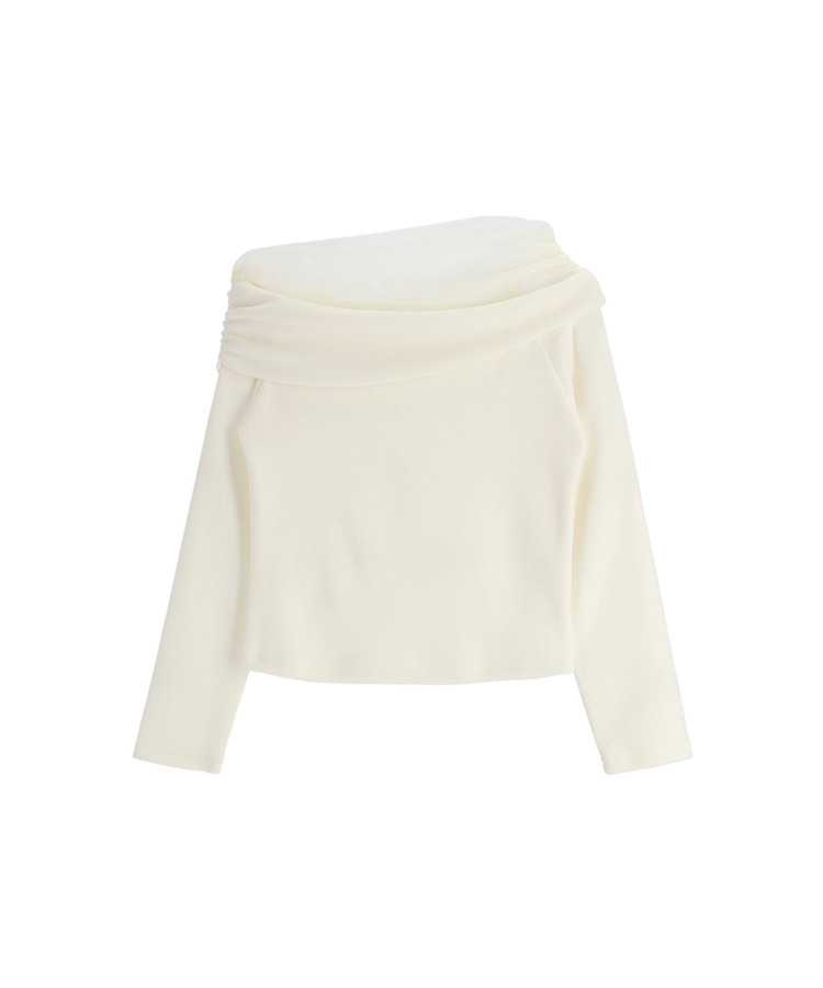 （なめらか＆あたたか♥／裏起毛素材／フェミニンムード）裏起毛チュールオフショルダーロングTシャツ