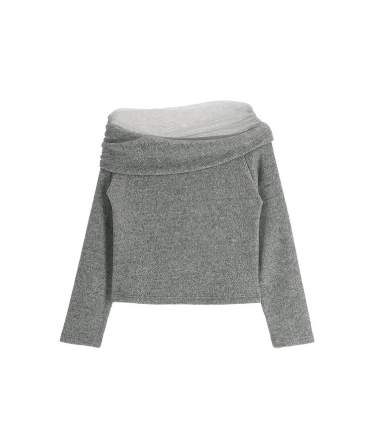 （なめらか＆あたたか♥／裏起毛素材／フェミニンムード）裏起毛チュールオフショルダーロングTシャツ