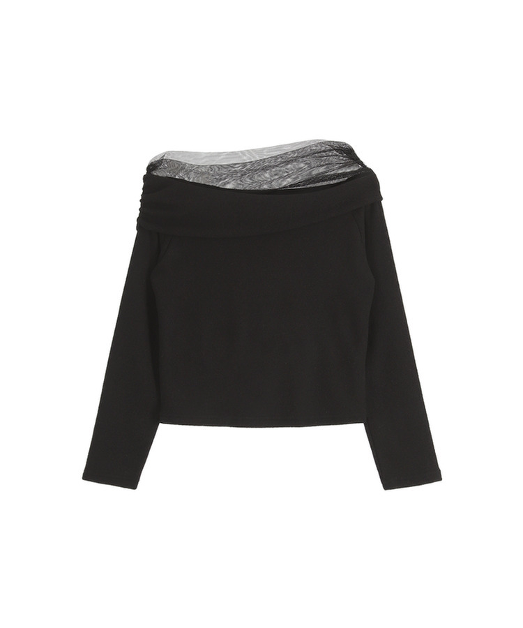 （なめらか＆あたたか♥／裏起毛素材／フェミニンムード）裏起毛チュールオフショルダーロングTシャツ