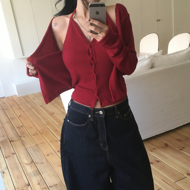 ホルターレイヤードリブカーディガ