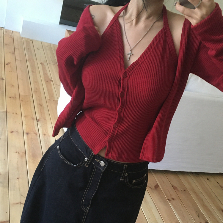 ホルターレイヤードリブカーディガ