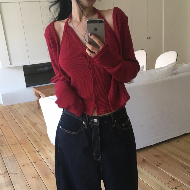 ホルターレイヤードリブカーディガ