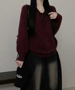 도톰아방핏벌룬하찌나그랑브이넥긴팔니트 와인