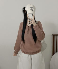 도톰아방핏벌룬하찌나그랑브이넥긴팔니트 핑크