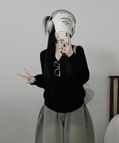 도톰아방핏벌룬하찌나그랑브이넥긴팔니트 블랙